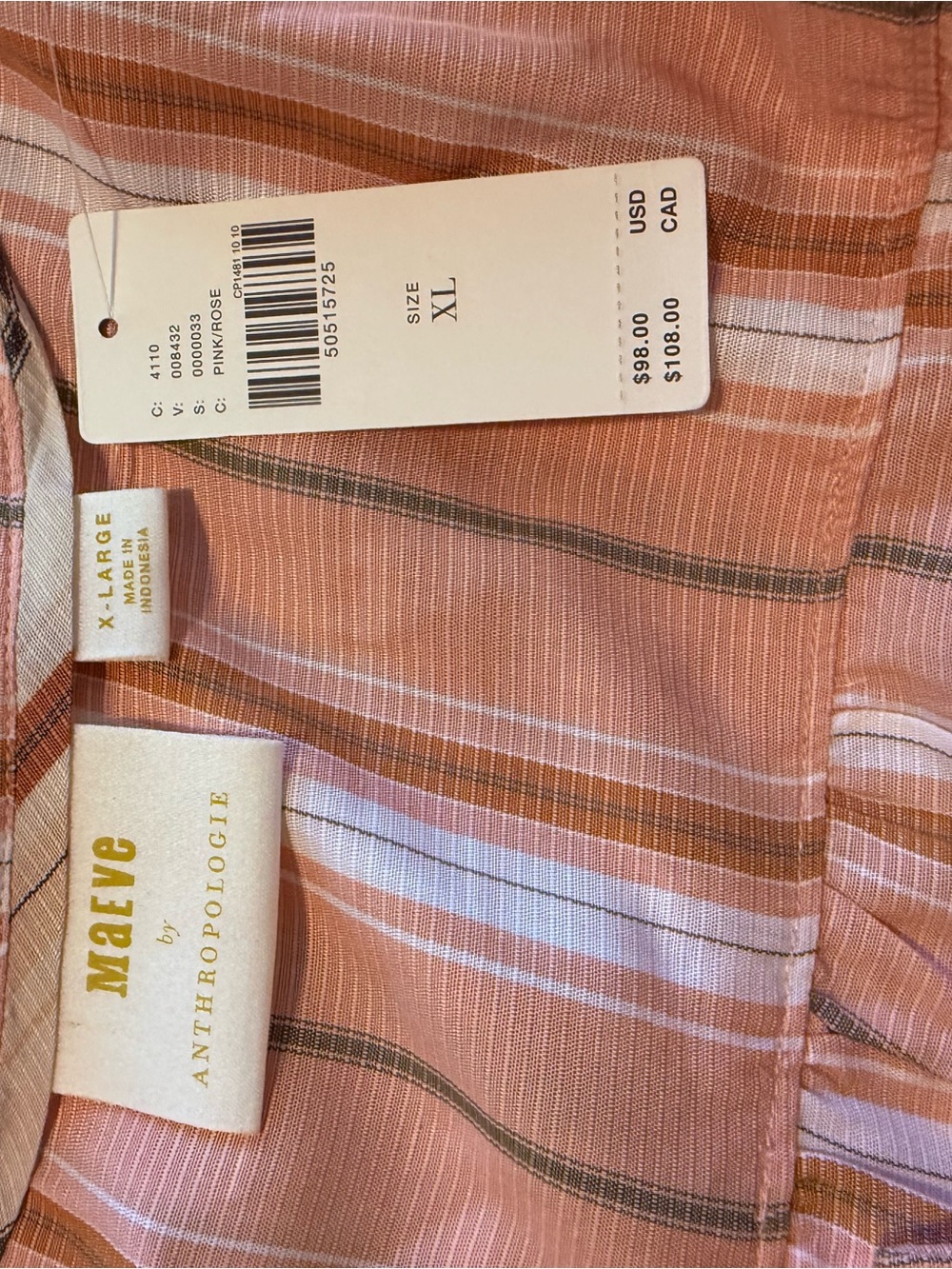 NWT Maeve Anthropologie Pink Rose Striped Peasant Blouse XL p - Picture 6 of 8
